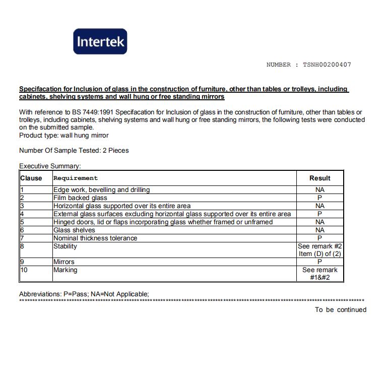 RAPPORT DE TEST BS7449 pour miroir